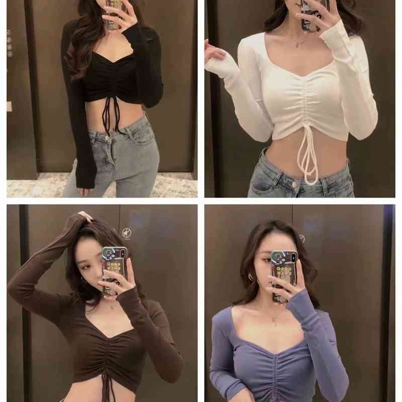 Sweet Women Sexy Solid Shirts Fashion Ladies Knitted Short Tops Elegant Female Chic Draped Drawsting Bow Blouses 210430