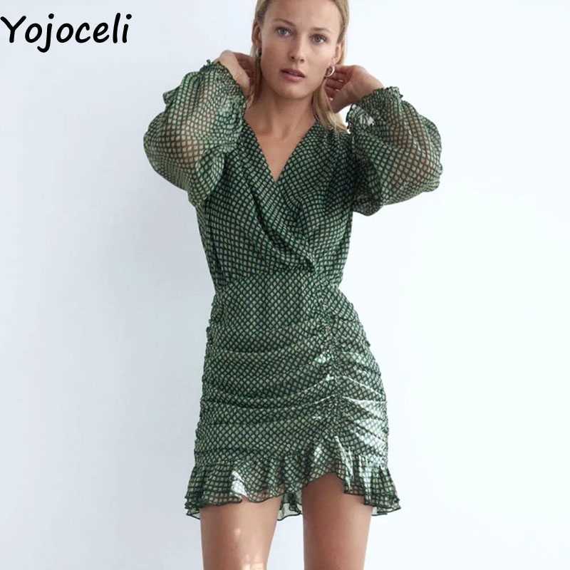 Yojoceli Elegant v neck print ruffle short pleated dres Autumn casual cool chiffon 210609