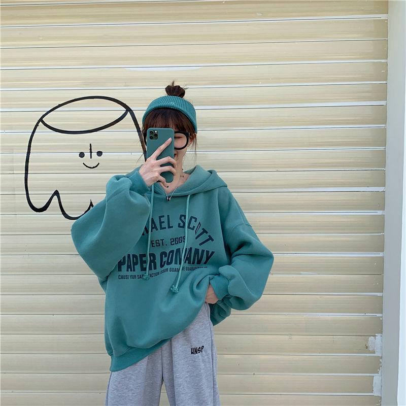 Women Simple Sweatshirt Hooded Velvet Chic Loose Oversize Streetwear 6 Colors Plus Size Casual Harajuku Korean Style Hoodies Women's & Sweat
