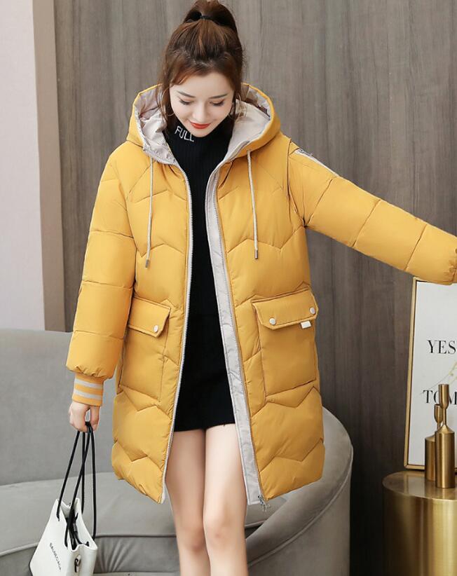 Autumn Winter Keep Warm Women Long Jackets Quilted Puffer Parkas Loose Hooded Solid Color Leisure Coat blue black 210429
