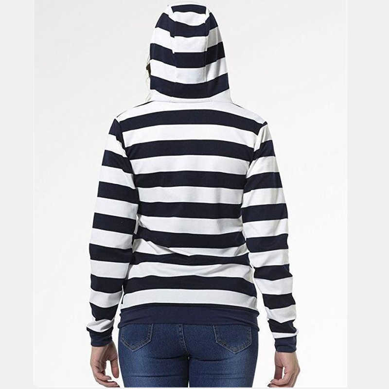 Autumn Women Striped Hoodies Sweatshirt Long Sleeve Hooded Zipper Pockets Jackets Casual Plus Size Tracksuit Female Clothes 210927