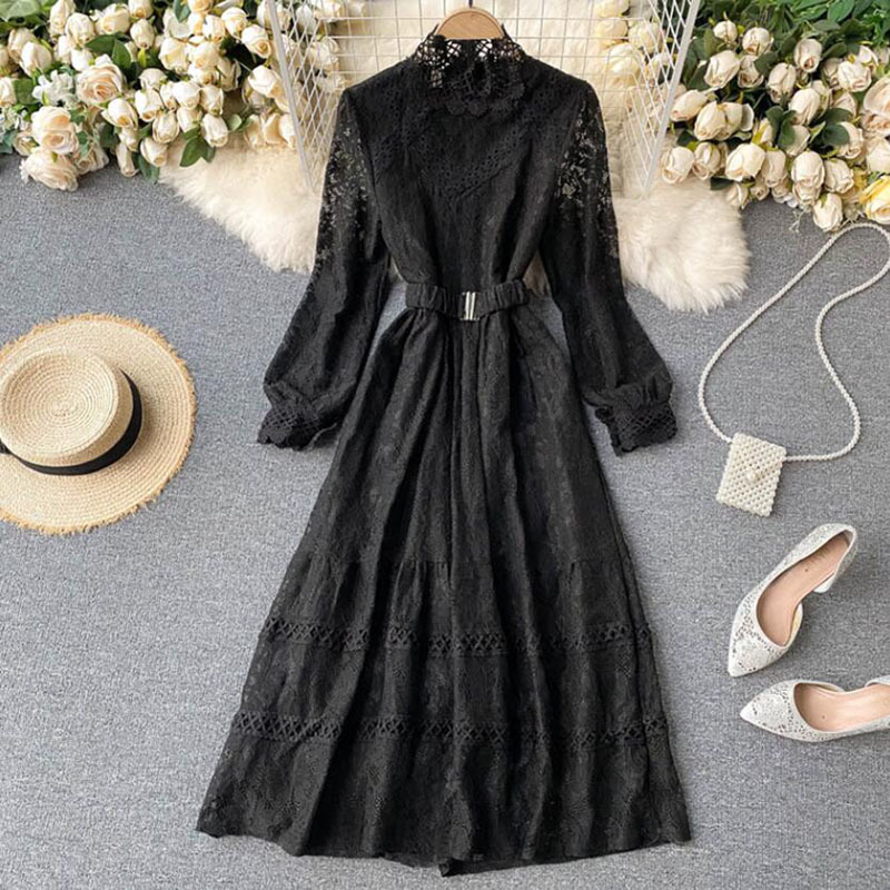 Elegant Stand Collar Women Lace Dress Sweet Hollow Out Slim Long Sleeve Midi Long Dress Spring High waist Party Vestidos 210521