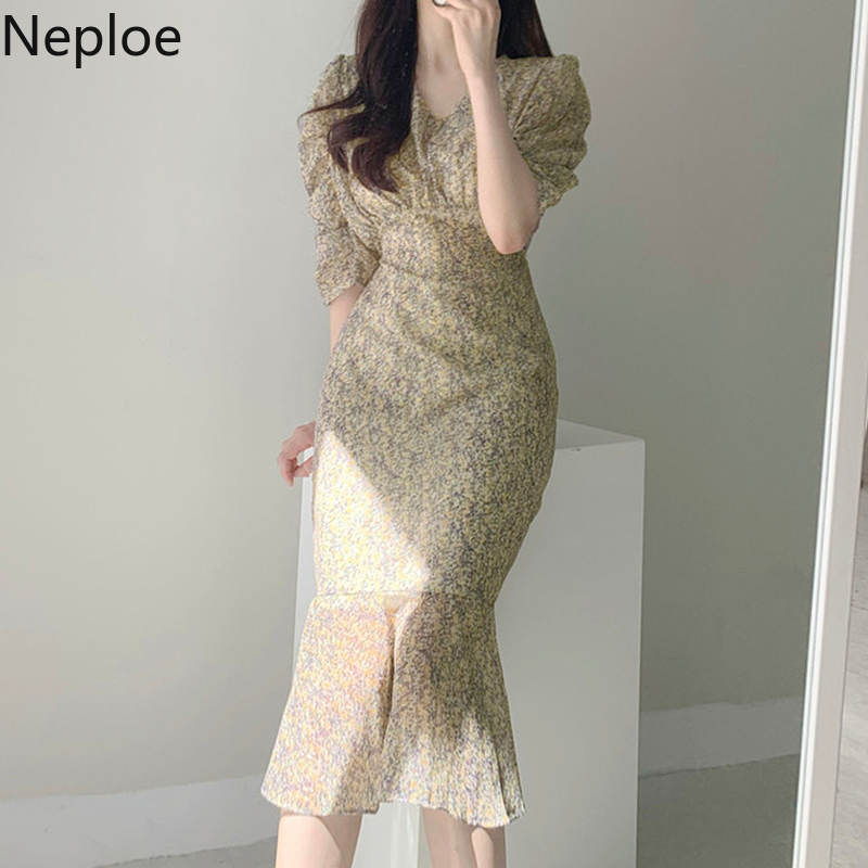 Neploe Summer Dress Women V-Neck Temperament Floral Chiffon Vestidos Mujer Korean Slim Short-sleeved Bodycon Fishtail Dresses 210422