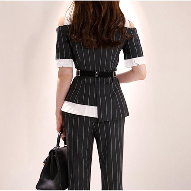 Office Ladies Striped 2 Pieces Set Women Patchwork Short Sleeve Sashes Tops + High Waist Pants Elegant Female Sets 210506