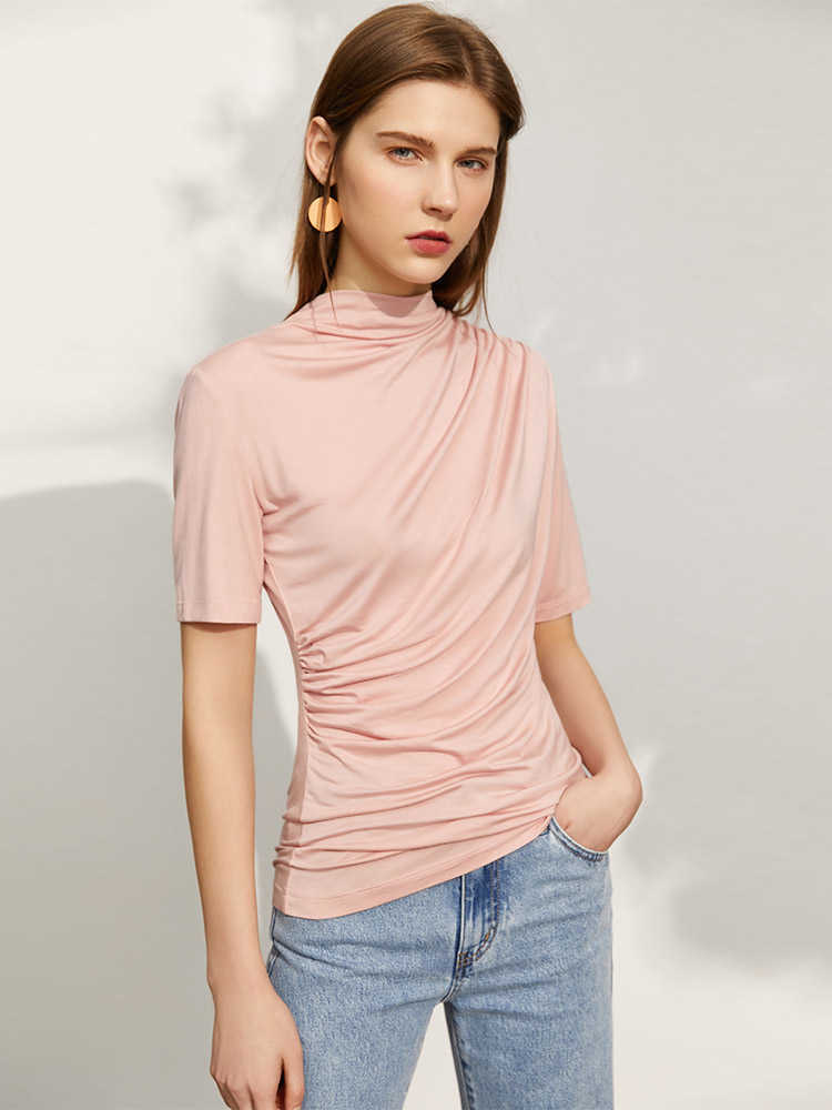 Minimalism Summer Fashion Women's Tshirt Causal Solid Folds Slim Fit Female Offical Lady Tops 12140371 210527