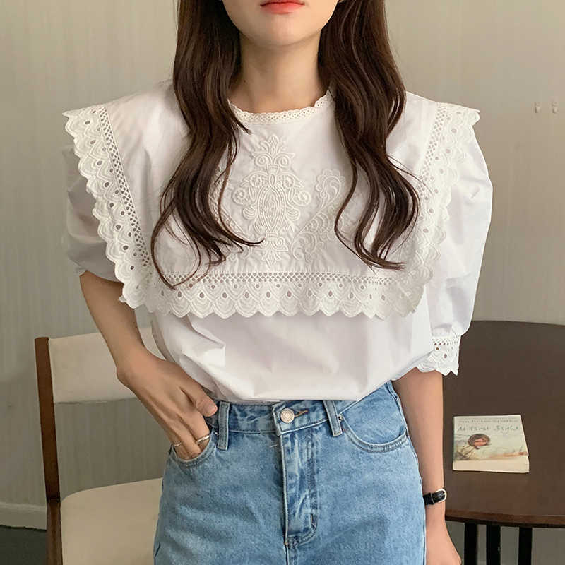 LY VAREY LIN Summer Women Sweet Sailor Collar Embroidery Shirts Female Casual Puff Sleeve Solid Color White Lace Tops 210526 
LY VAREY LIN Summer Women Sweet Sailor Collar Embroidery Shirts Female Casual Puff Sleeve Solid Color White Lace Tops 210526