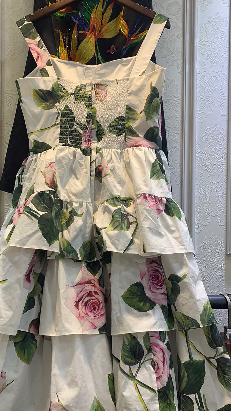 Fashion Cotton dress Summer Women's Dress Spaghetti strap Backless Floral Print White Cascading Ruffle Dresses 210524
