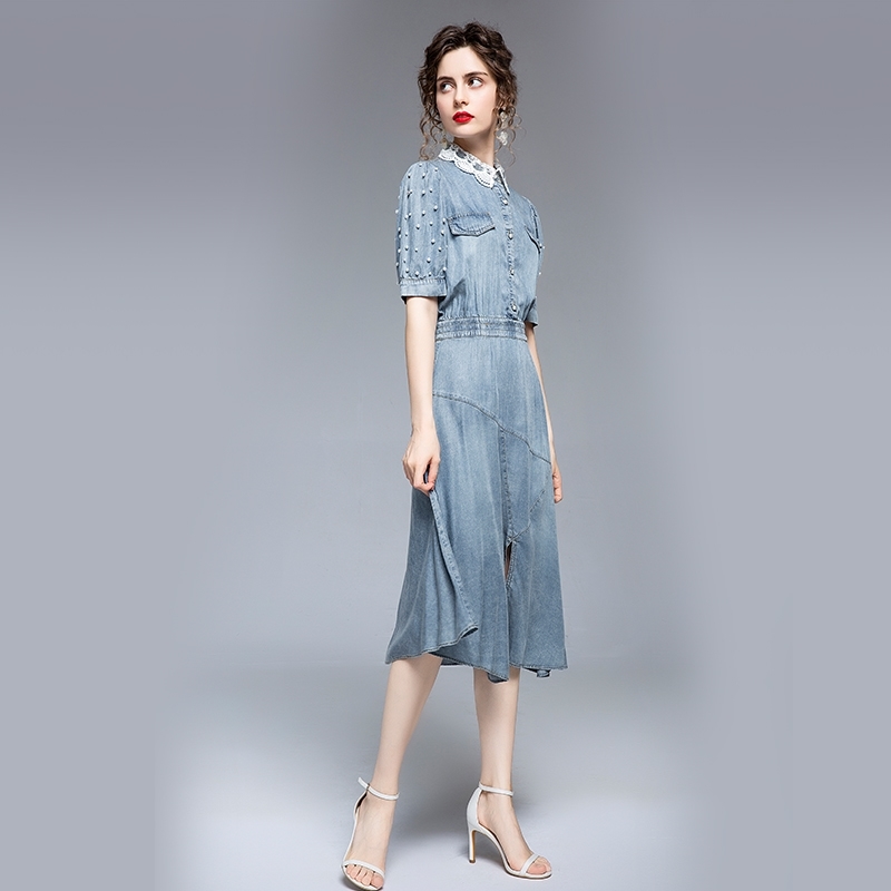Womens Summer Denim Dress Office Lady Vintage Beading Short Sleeve Lace Turn Down Collar Elegant Party es 210520