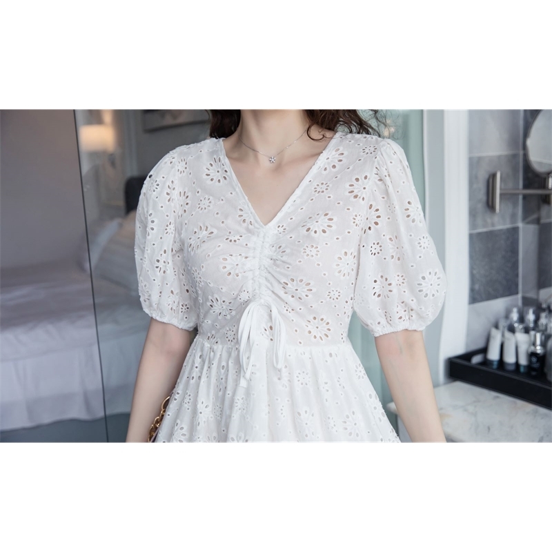 Fashion Summer Lace Mini Dress Robe Women High Waist Vintage Elegant Puff Sleeve White Embroidered 210520