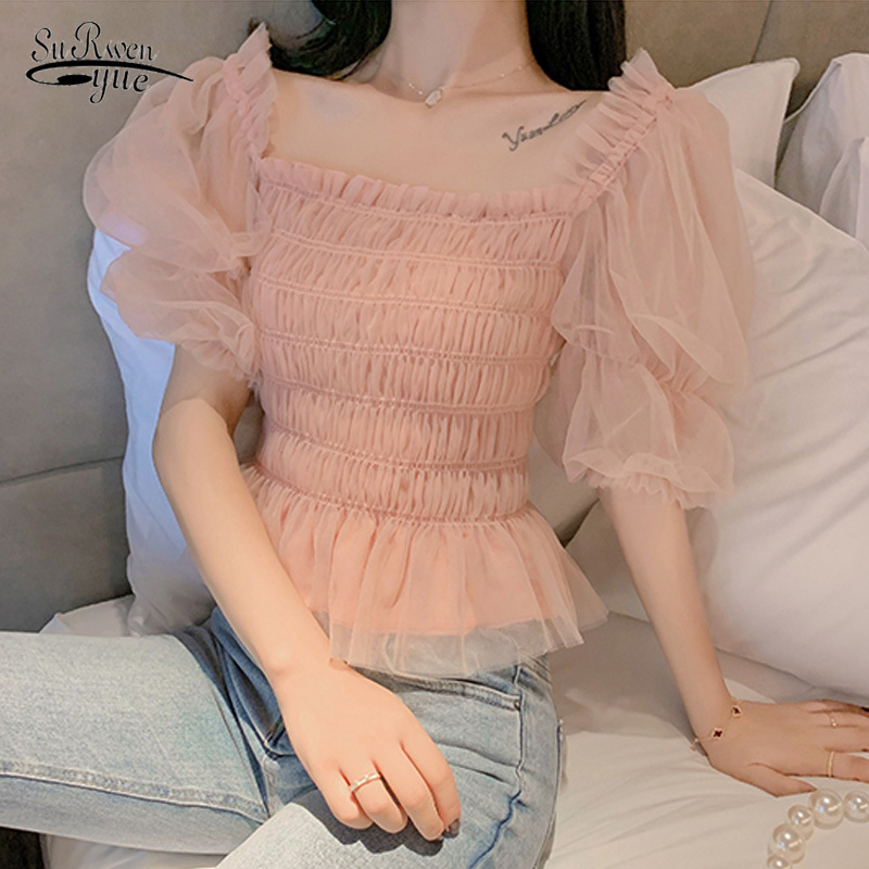 Korean Style Puff Sleeve Chiffon Blouses blusas mujer de moda Summer Short Solid Mesh Blouse Top Female 10026 210521, Pink
Korean Style Puff Sleeve Chiffon Blouses blusas mujer de moda Summer Short Solid Mesh Blouse Top Female 10026 210521, Pink