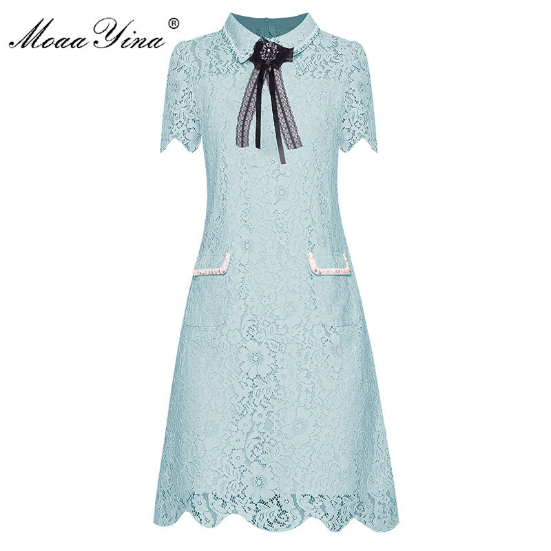 Fashion Runway dress Summer Women's Dress Crystal Diamond Bow Short sleeve Hollow Out Lace Slim Elegant Dresses 210524