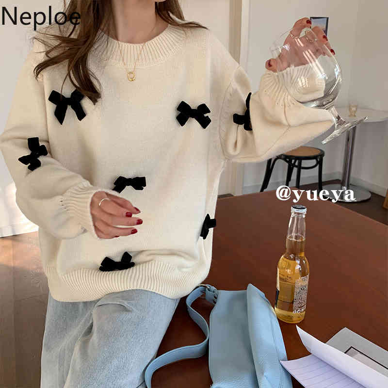 Neploe Sweet Bow Woman Sweaters Fall Women Clothes Korean Knitted Pullovers Tops O-neck Long Sleeve Loose Jumper Coat 4G671 210422