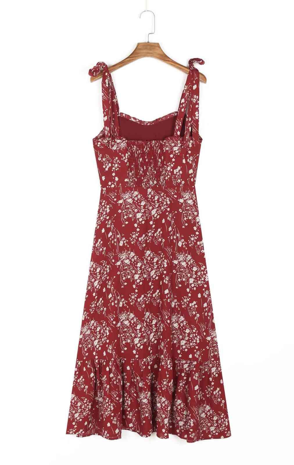 France Style Floral Print Bow Tie Strap Ruffles Hem Midi Dress Retro Sexy Women Elastic Slim Sling Tea Green Red 210429