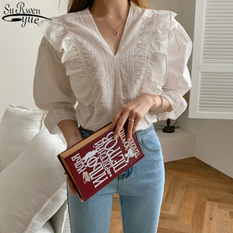 Korean Retro Elegant Blouses Short Sleeve Women's Shirts White Shirt for Women Cotton Hollow Out Beautiful 13500 210427