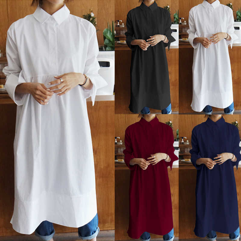 Celmia Women Shirt Dress Vintage Autumn Long Sleeve Lapel Buttons Casual Loose Midi Dress Irregular Fashion Vestidos Plus Size T200416