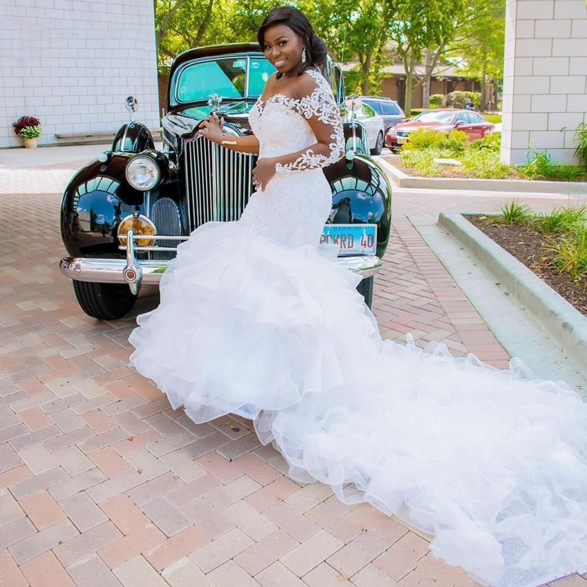 Cascading Ruffles Mermaid Bridal Gown Wedding Dresses with Long Sleeve Lace Beaded Plus Size African Wear, White
Cascading Ruffles Mermaid Bridal Gown Wedding Dresses with Long Sleeve Lace Beaded Plus Size African Wear, White