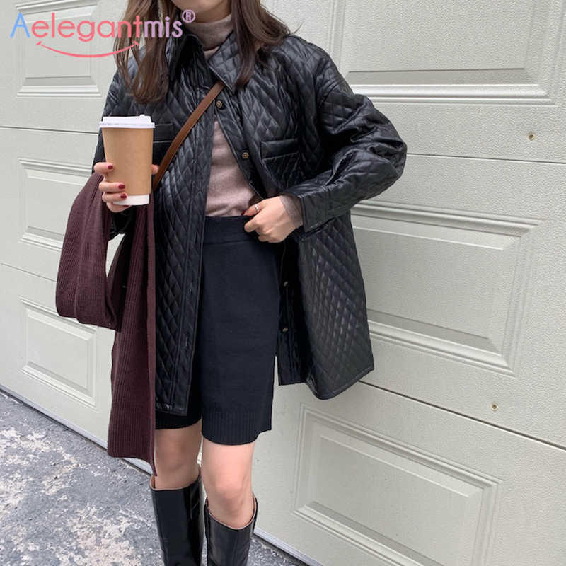 Aelegantmis Faux Leather Black Thicken Shirt Coats Women Argyle Oversized Warm Padded Pu Jacket Thin Parka Casual Loose Outwear 210607 
Aelegantmis Faux Leather Black Thicken Shirt Coats Women Argyle Oversized Warm Padded Pu Jacket Thin Parka Casual Loose Outwear 210607