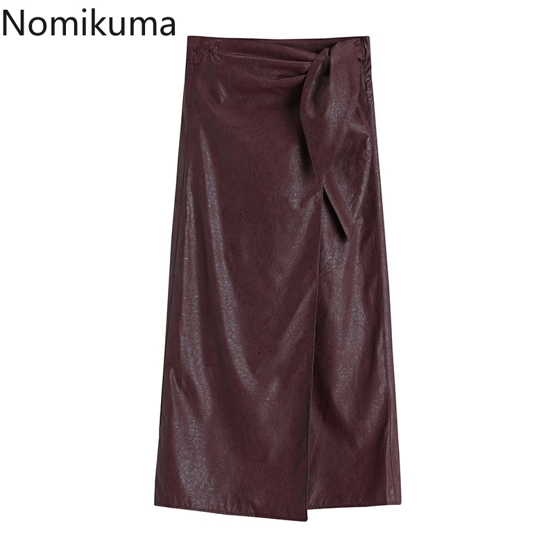Nomikuma One-piece PU Leather Women Skirt Bow Tie Stretch High Waist Skirts Spring New Sexy Split A-line Mujer Faldas 6D931 210427
