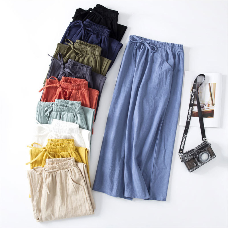 Spring Summer Women Wide leg Pants cotton linen Calf-Length pants Casual loose solid straight women soft 210524
