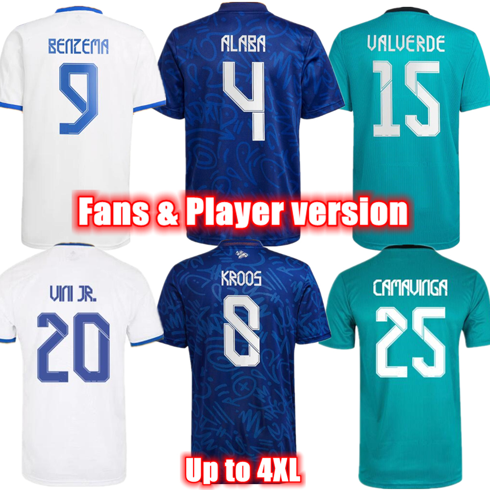 REAL MADRID Soccer Jerseys 2021 22 BENZEMA ALABA CAMAVINGA Player version VINI JR. football shirt HAZARD ASENSIO MODRIC VALVERDE men + kids kit 2022, Home fan version
REAL MADRID Soccer Jerseys 2021 22 BENZEMA ALABA CAMAVINGA Player version VINI JR. football shirt HAZARD ASENSIO MODRIC VALVERDE men + kids kit 2022, Home fan version