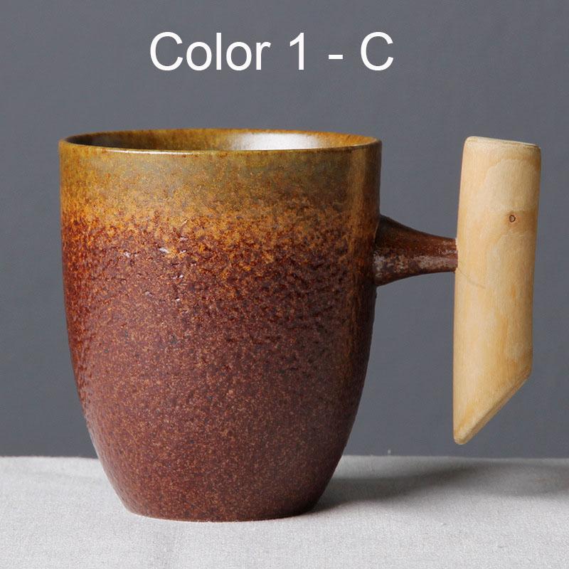 Mugs Creative Japanese Ceramic Coffee Mug Tumbler Rust Glaze With Wooden Handle Tea Milk Beer Water Cup Home Office Drinkware 300ML