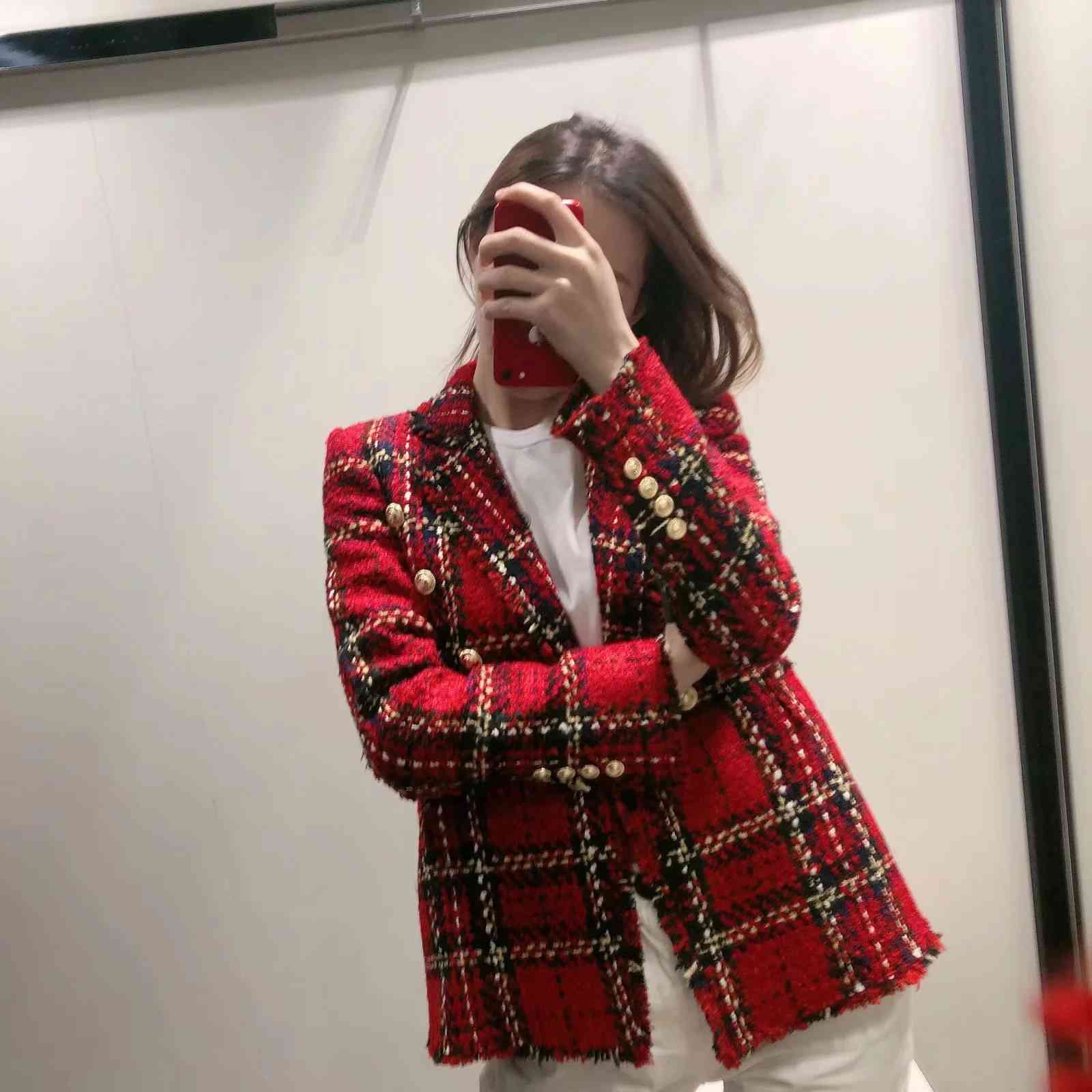 Vintage blazer skirt two piece set women elegant red tweed +plaid casual party club outfits 210521