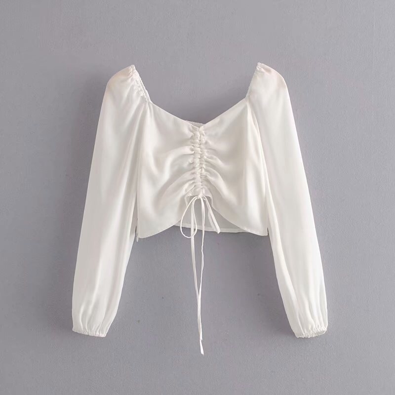 Women Black White Dot Print Long Sleeve Shirt Retro Square collar Adjust Rope Hem Short Blouse Sweet Tops 210429