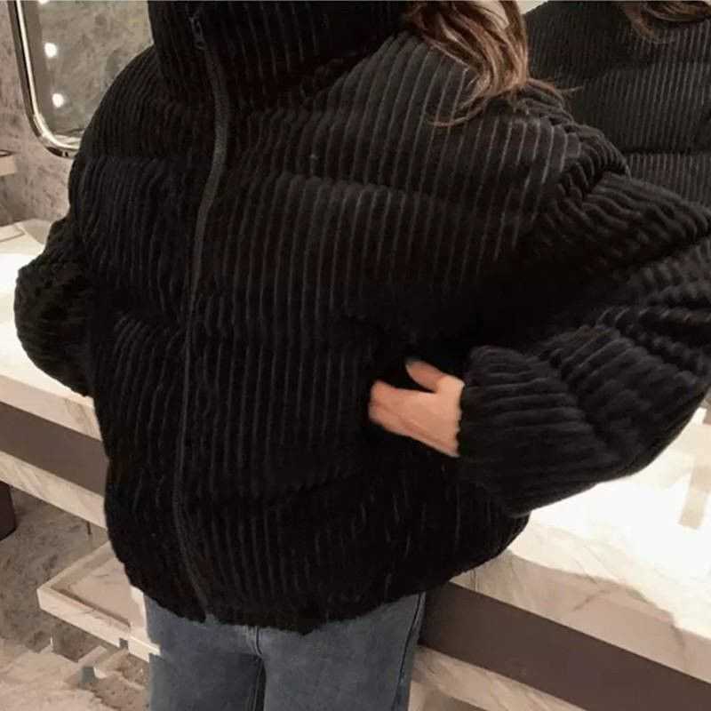 Women Corduroy Warm Loose Casual Jacket Female Short Outwear Puffer Coat Ladies Thick Lining Bomber Winter and Autum Jackets 211014