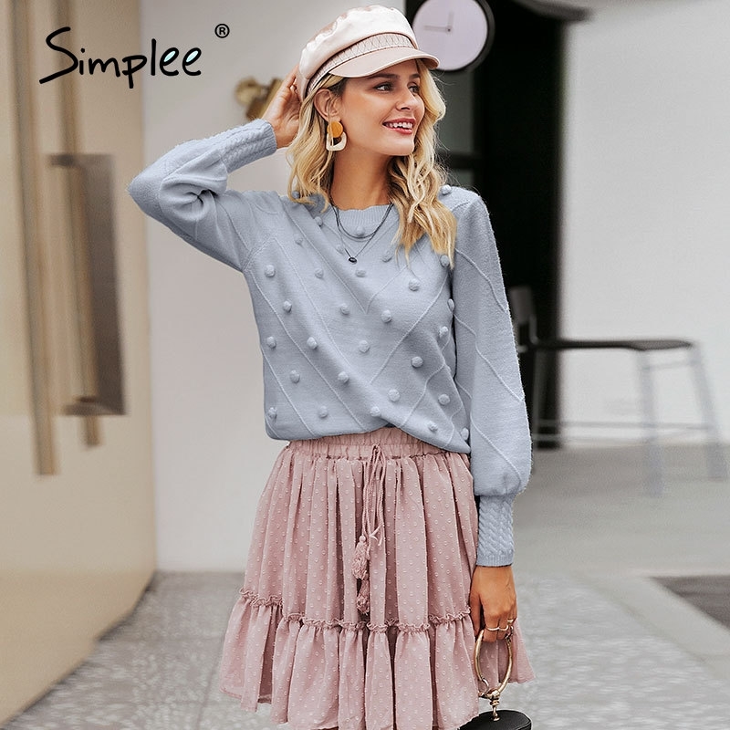 Elegant fur pompon women sweater Autumn winter lantern sleeve knitted sweater female Streetwear ladies pullover jumper 210805