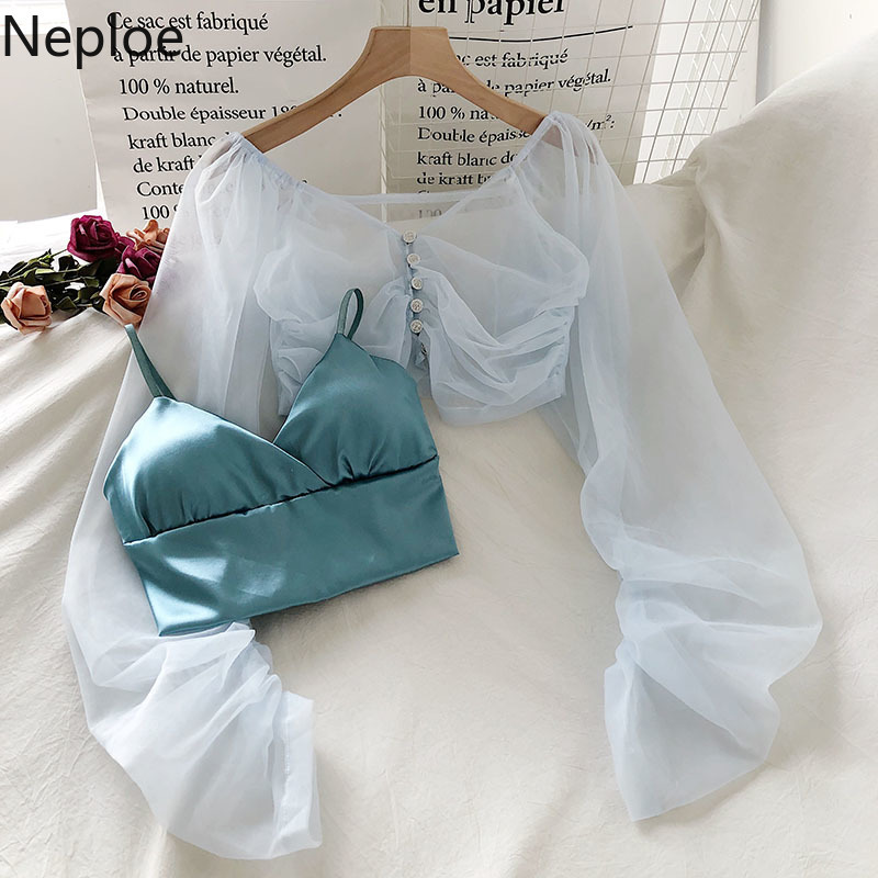 Neploe Summer Sweet Outfits Blusas Womens Gauze V-neck Shirt Sling Crop Tops Korean Fashuin Suit Femme Roupas 2 Piece Set 95318 210422