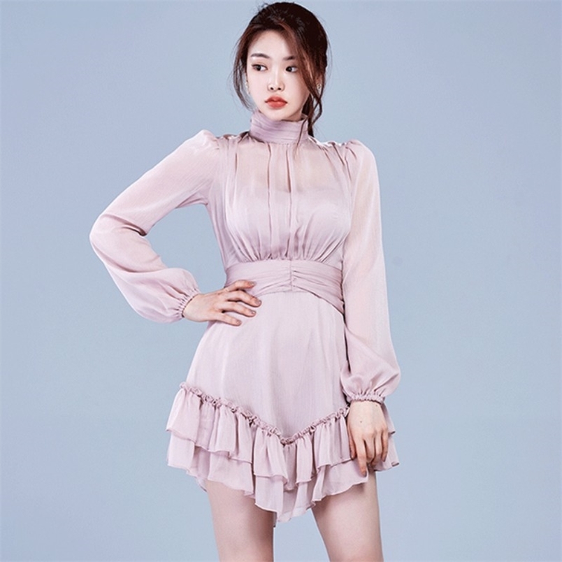 Korea Fashion Chiffon Stand Collar Women Elegant Party Dress Spring Office OL Long Sleeve Ruched Ruffles Mini 210519, Photo color
Korea Fashion Chiffon Stand Collar Women Elegant Party Dress Spring Office OL Long Sleeve Ruched Ruffles Mini 210519, Photo color