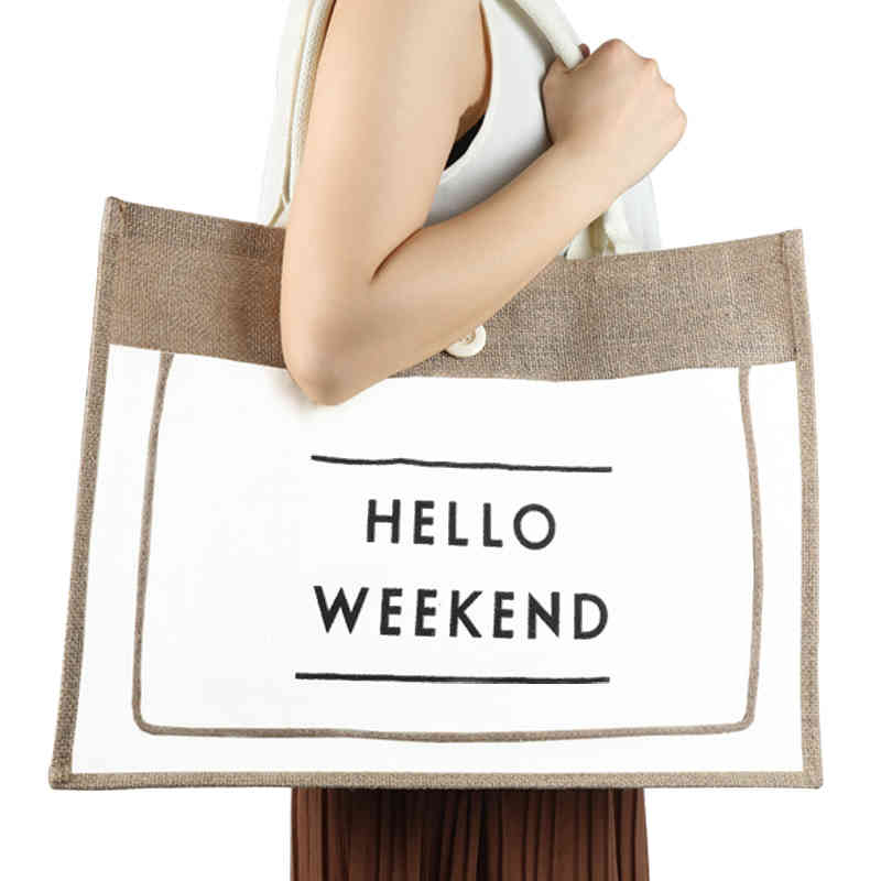 3 Color European Style Female Hello Weekend Jute Cotton Handbags Women Big Size Beach Bag For Girls Printing Shoulder Bags 210326