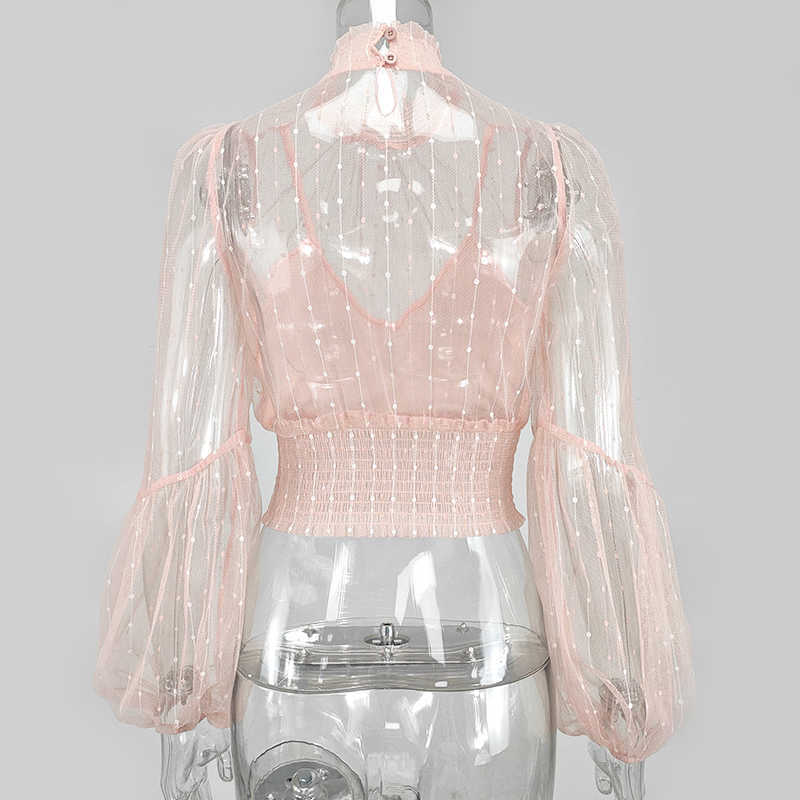 Colysmo Pink Blouse Women Summer Vintage Stand Collar Long Sleeve Sheer Mesh Polka Dot Tops Elegant Office Ladies Clothing 210527
