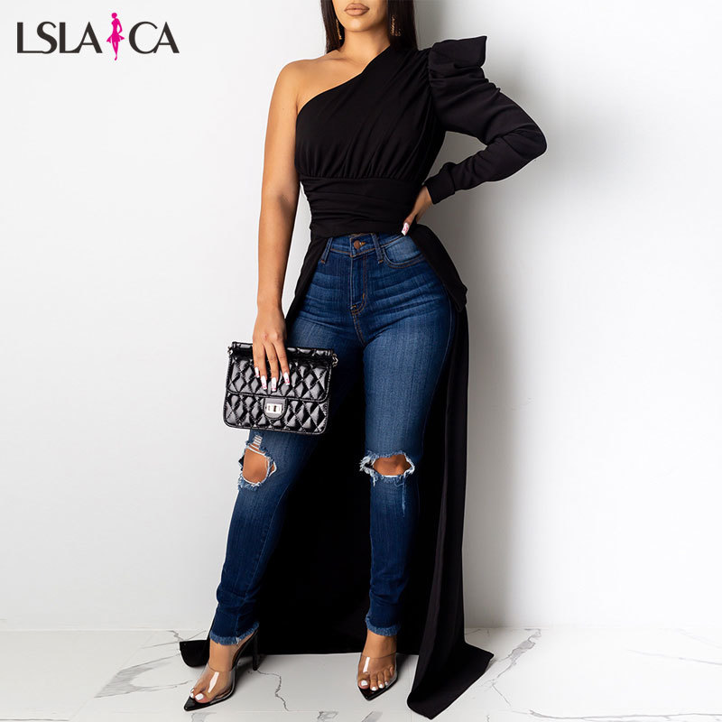 Fashion Women Blouses One Shoulder Puff Sleeve Irregular Elegant Solid Color Female Tops Short Front Long Back Autumn 210520