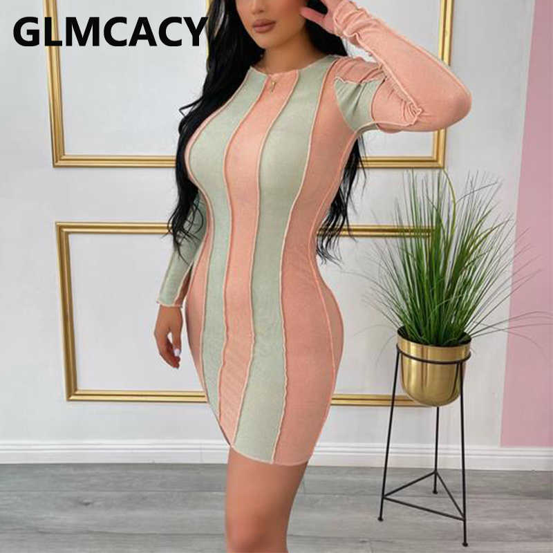 Women Long Sleeve Colorblock Patchwork Dress Sexy Slim Bodycon Mini Dresses 210702
