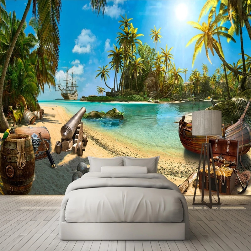 Custom 3D Wall Murals Home Decor Sandy Beach Trees Sea Island Landscape Painting Wallpapers Bedroom