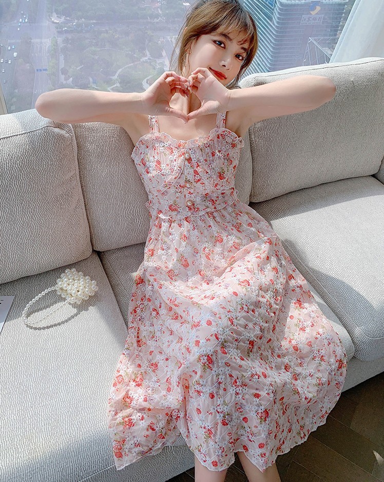Women Summer Print Floral Midi Dress Female Vintage Franch Sexy Spaghetti Strap Casual Holiday Boho Party Vestidos 210519