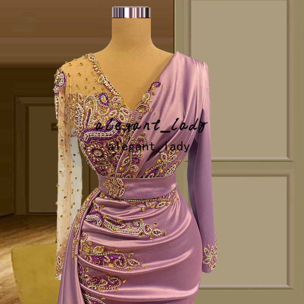 Robe De Soiree Long Sleeve Evening Pageant Dresses 2022 Lavender Beaded Crystal Arabic Mermaid Aso Ebi Prom Formal Dress