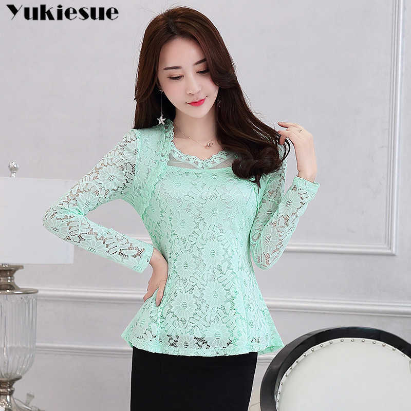 fashion women blouse solid lace OL office longsleeved shirts white elegant tops hollow s 210608