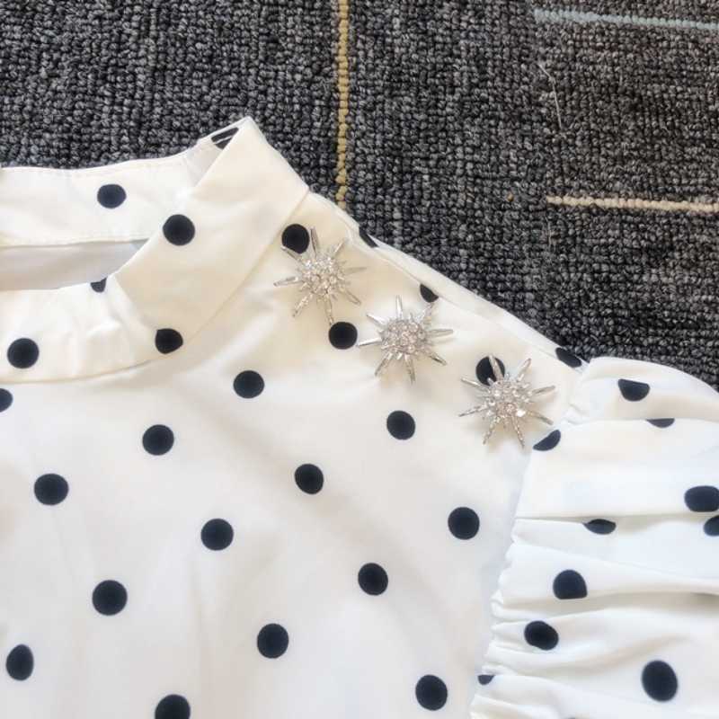 Simple Stand Collar Puff Half Sleeve Shoulder Button Shirts Sweet Japan Style Polka Dot Blouse Women All Match Blusas Mujer Moda 210525