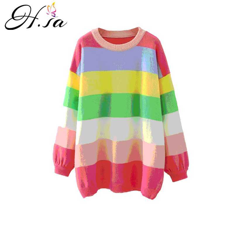 H.SA Women Winter Long Sweaters Casual Striped Rainbow Pull Sweaters Oneck Chic Streetwear Korean Oversized Pullover Roupa 210716