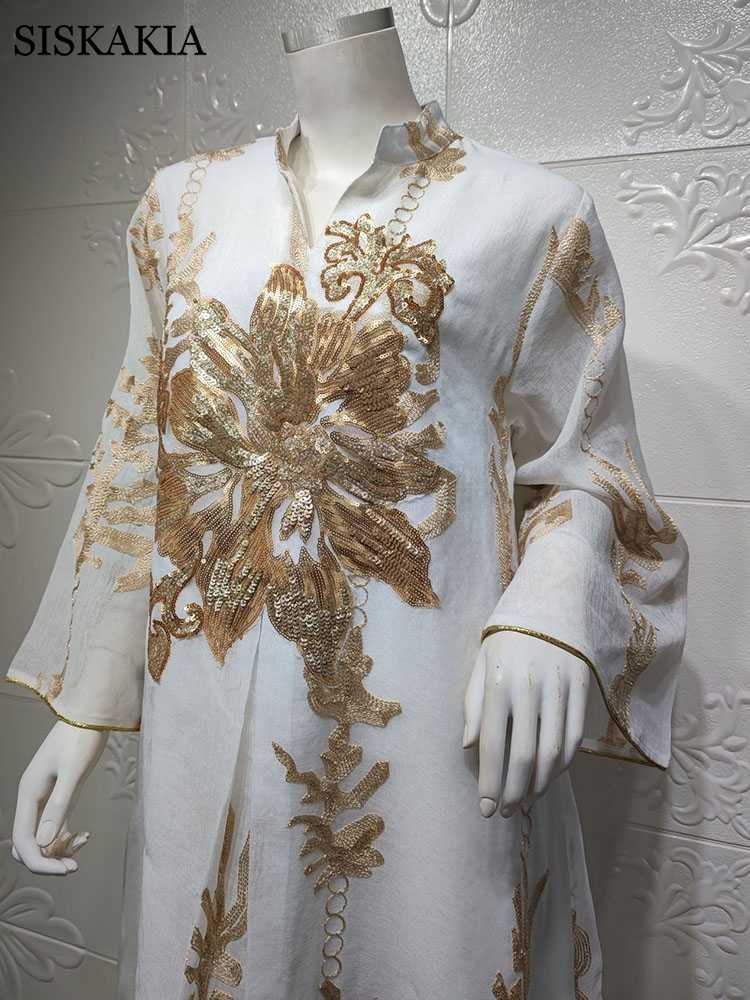 Siskakia Sequins Embroidered Abaya Dress For Women Moroccan Kaftan Turkey Arabic Jalabiya White Islamic Ethnic Robe Eid 210806