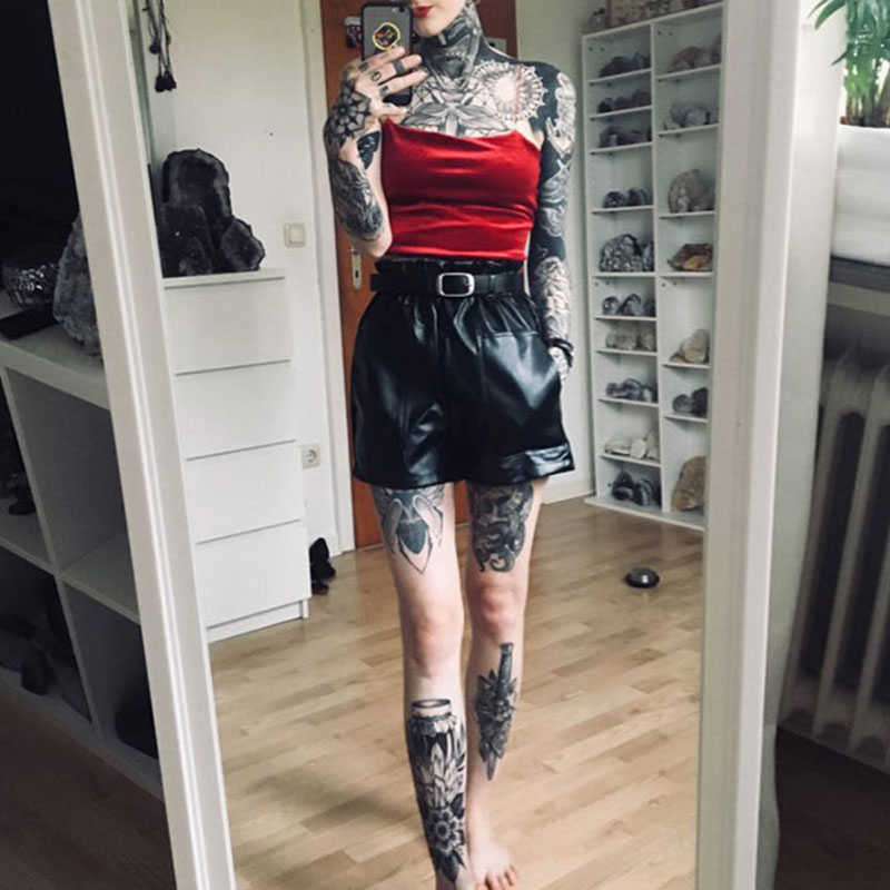 Elastic High Waist Loose PU Leather Shorts Women England Style Sashes Wide Leg Short Ladies Sexy Autumn Winter 210714