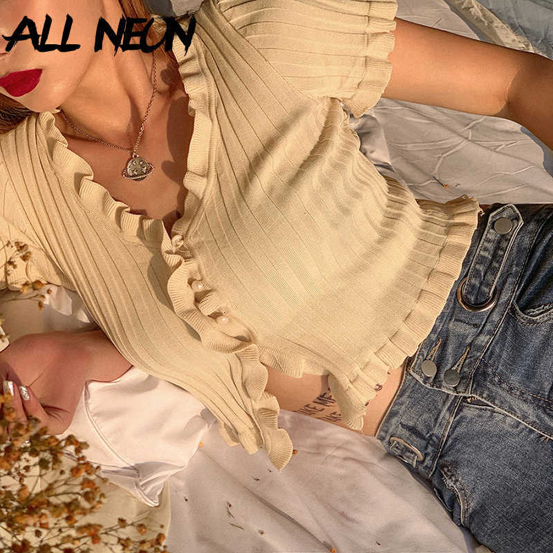 Plain pleated top, jacket with a row of buttons, K-pop, V-neck, short sleeve knitted T-shirt, fashion casual T-shirt 210602