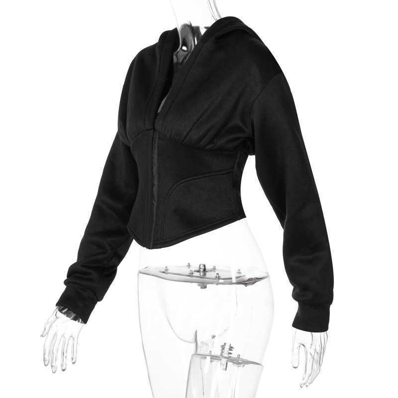 Colysmo Black y2k Sweatshirt Single Breasted Lantern Sleeve Patchwork Hoodie Solid Color Cropped Jacket Casual Streetwear Women 210527