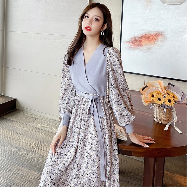 Elegant Retro Knitted Patchwork Flowers Chiffon Midi Dress Spring Fashion V-Neck Long Sleeve High Waist Slim Female Vestido 210519