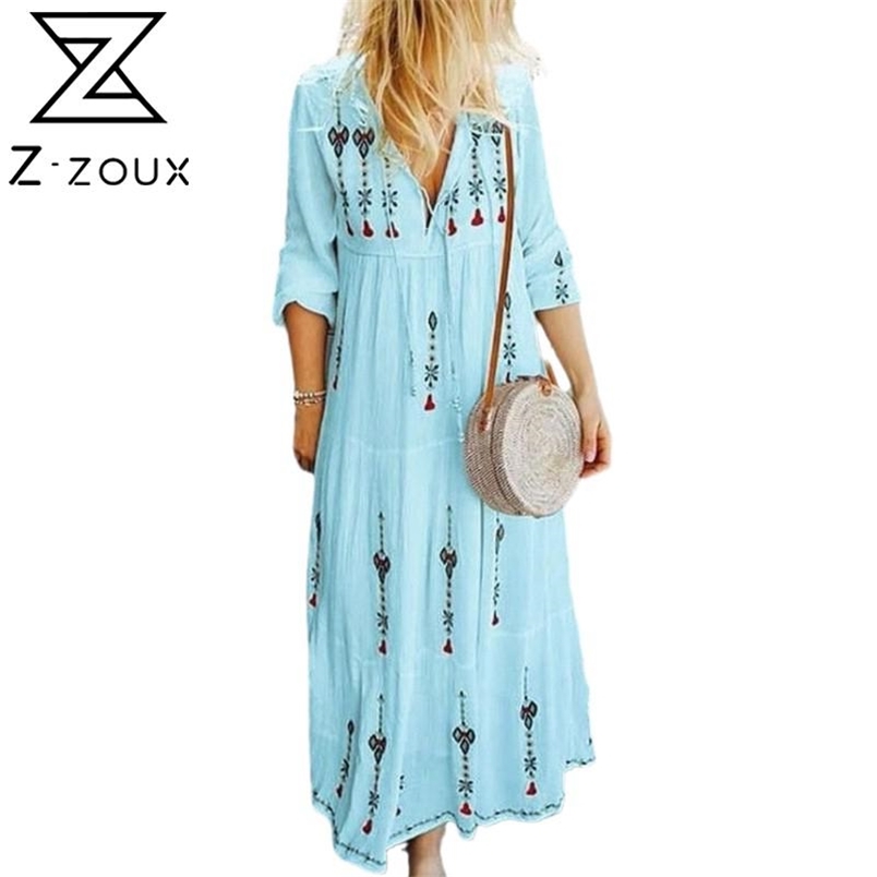 Women Dress V-neck Long Sleeve Print Plus Size Dresses Casual Loose Flower Bohemian For 210513