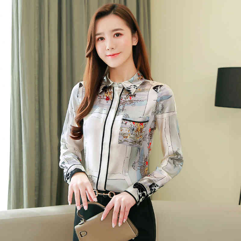 Spring Elegant Printing Long Sleeve Chiffon Blouse Satin Silk Turn-over Collar Women Shirt Tops Chemisier Femme 8193 50 210508