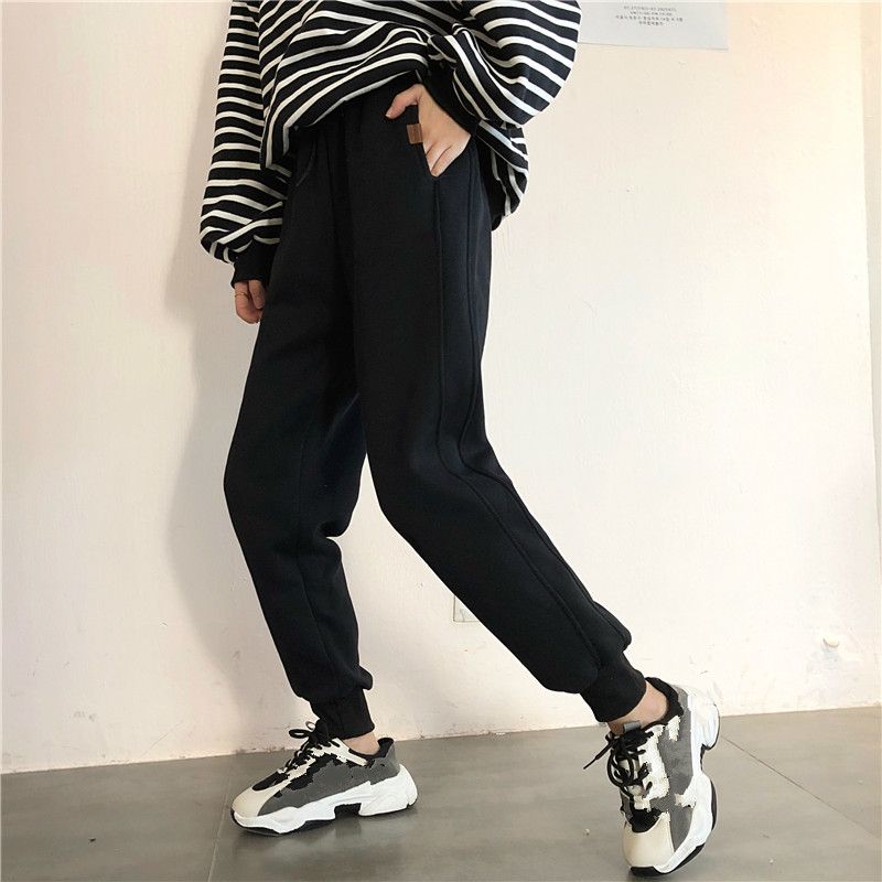 Nomikuma Womens Pants Lace Up Stretch High Waist Long Trousers Autumn Winter New Thicken Harem Sweat Pants Feminimos 6C258 210427