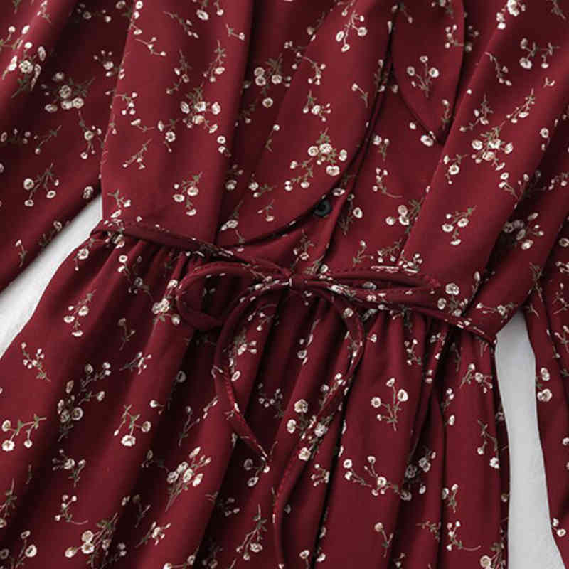 Spring Vintage Printed Dress Women Long Sleeve Bow Casual Chiffon Dresses High Waist Floral A-line Long Dress Female Vestidos 210521